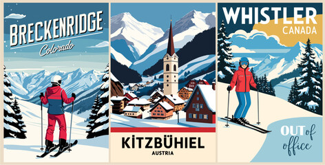 Set of Ski Travel Posters in retro style. Brekenridge, Colorado, USA, Kitzbuhel, Austria, Whistler, Canada digital prints. Winter holidays, active lifestyle. Vintage vector colorful illustrations.