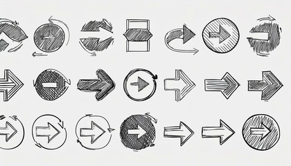 Icons set with modern hand drawn sketches. Pencil doodle lines graphic design elements. Left, right, growth direction arrows. Modern illustration.