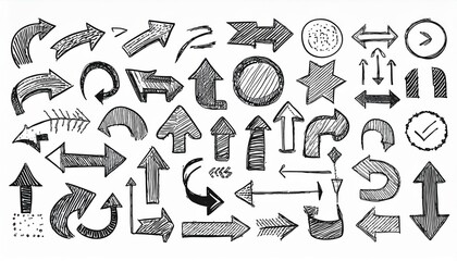 Wall Mural - Icons set with modern hand drawn sketches. Pencil doodle lines graphic design elements. Left, right, growth direction arrows. Modern illustration.