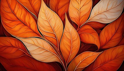 Wall Mural - Illustration of intricately veined orange leaves