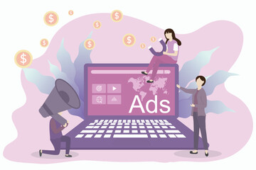 Poster - Online marketing and website advertising concept. A businessman using computer with digital marketing strategy analysis promotion of products or services through digital channels.