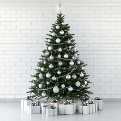 Wall Mural - The white brick wall has a space for copying a decorated christmas tree and a bunch of gift boxes