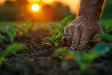 a farmer's hand gently touches a young plant in a field at sunset.