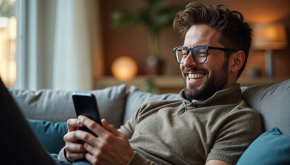 Wall Mural - Smiling man using smartphone while relaxing on couch at home, enjoying digital content and staying connected, Mobile use concept, online chat concept, 