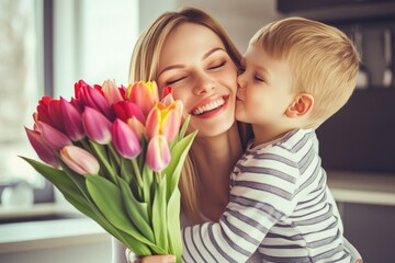 Wall Mural - It's Mother's Day today! Child gives flowers to mother on this special day