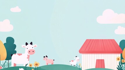 Wall Mural - A farm scene with cows and a red barn. The cows are standing in a field with a house in the background