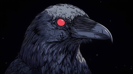 Cursed Raven with Glowing Red Eye in Mysterious Anime-Inspired Art