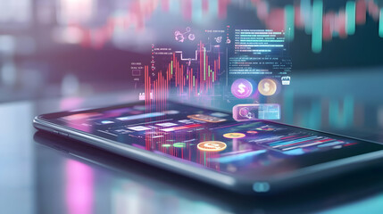 3D Rendering of Fintech Icons and Technology Elements on Mobile Phone,
