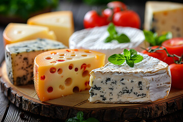 Photography of different types of cheese laid out on wooden plates, Warm color palette enhances the festive atmosphere. Concept of enjoyment and luxury