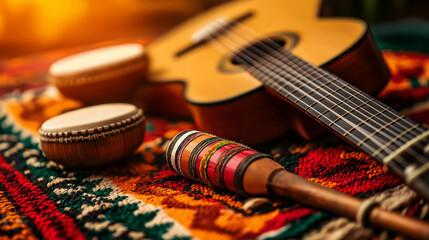 A close-up of traditional Hispanic musical instruments, like maracas, a guitar, and a tambourine, laid out on a colorful woven blanket, ready for a musical performance.