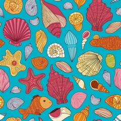 Wall Mural - Summer marine animal background collection. Vacation travel concept. Seashell cartoon seamless pattern set.