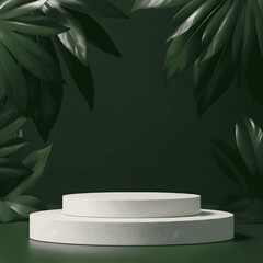 White stone product display podium with nature leaves background