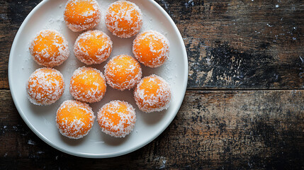 Orange dessert balls coated in sugar crystals arranged on a white plate on a rustic wooden backdrop