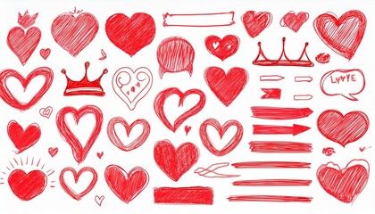 Wall Mural - Various hand drawn elements including red highlight, text underline, emphasis mark, line shape set, love heart, speech bubble and crown element. Marker and pen brush strokes. Modern illustration.