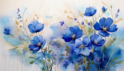 Wall Mural - Watercolor painting depicts blue flowers blooming gracefully, adding a touch of beauty to the scene