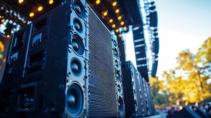 A powerful sound system sets the stage for an outdoor concert under the open sky.