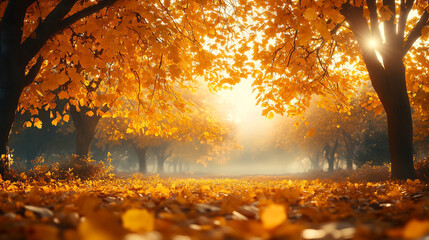 Poster - A breathtaking autumn landscape with vibrant yellow trees, golden sunlight filtering through the leaves, misty morning