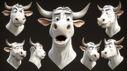 Canvas Print - A collection of expressive cartoon cow head sculptures showcasing various emotions.