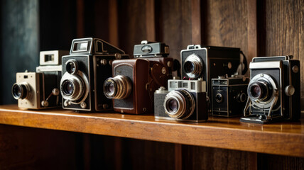 Various antique cameras are displayed on wooden shelves.