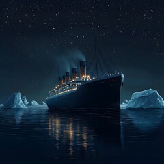 A large ocean liner sails through a dark night with icebergs in the distance.