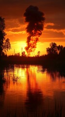 Canvas Print - A fiery sunset with a plume of smoke rising into the air, reflected in a still pond.