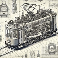 Wall Mural - 99 Blueprint Tram A technical drawing of a tram showing its inte