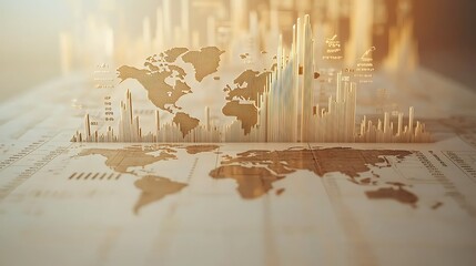 A world map with a golden bar chart symbolizes global business growth and economic rise.