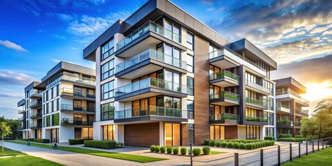 Poster - Modern residential building quarter with sleek lines and unique designs, architecture, modern, residential, building