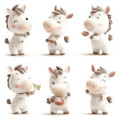 Poster - Cute cartoon horses in various playful poses, showcasing joy and interaction.