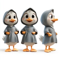 Canvas Print - A cute cartoon duckling wearing a gray hooded raincoat, posed from multiple angles.