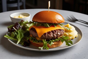 Wall Mural - Delicious Classic Beef Burger with Melty Cheddar, Garlic Mashed Potatoes, and Fresh Mixed Greens