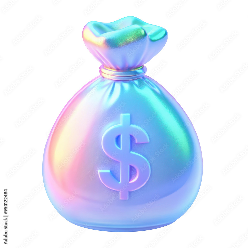 Holographic 3D money bag icon illustration with iridescent colors and a ...