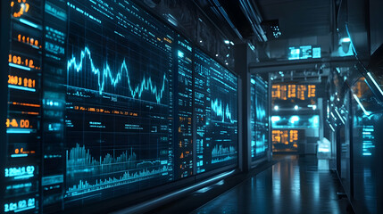 Dynamic stock market data displayed on an LED screen with intricate business analysis,