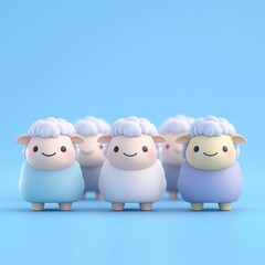 Poster - A group of cute cartoon sheep with various pastel colors against a blue background.