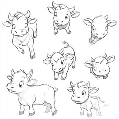 Wall Mural - A collection of cartoonish cow illustrations showcasing various poses and expressions.