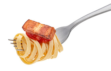 Wall Mural - Fettuccine pasta on fork with fried Italian pancetta and ketchup, spaghetti isolated on white background