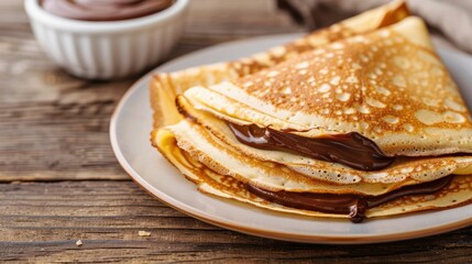 Delicious Nutella filled crepes with a rich hazelnut spread folded neatly on a wooden table with a shallow depth of field for a close up appetizing view