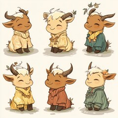 Poster - Cute cartoon goats in colorful sweaters, each with a unique expression and accessory.