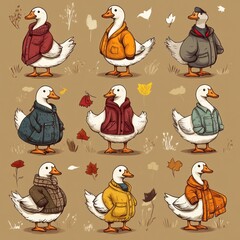 Canvas Print - A whimsical illustration of ducks wearing various colorful jackets in a playful arrangement.