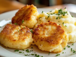 Golden-Brown Crispy Fish Cakes with Creamy Mashed Potatoes, Served on Elegant Plate in a Warm Kitchen with Natural Light. Delectable Seafood and Comfort Food Fusion