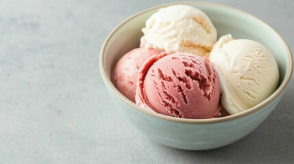 Wall Mural - Delectable Neapolitan Ice Cream Scoops in a Chic Bowl Capturing the Essence of Summer Indulgence with Distinct Flavors of Vanilla Strawberry