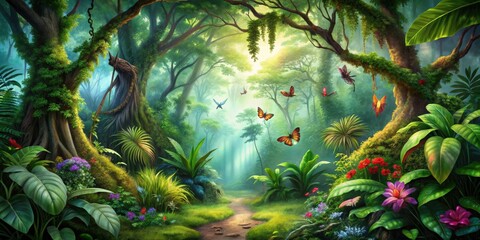 Enchanted forest with tropical vegetation, big trees and colorful insects, enchanted, forest, trees, tropical, vegetation