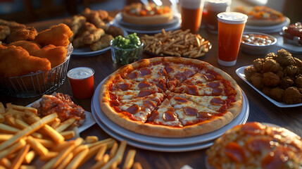 Feast on a large table of takeout favorites including pizza, fries, and fried chicken,