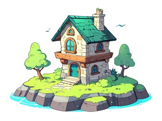 Sticker - Cartoon House on a Tiny Island