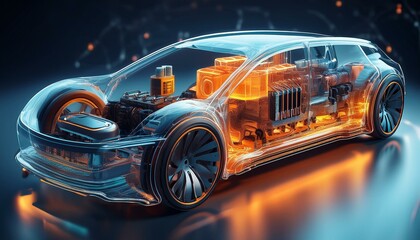 A detailed illustration of an electric car's internal structure, showcasing the battery and motor inside its transparent shell.