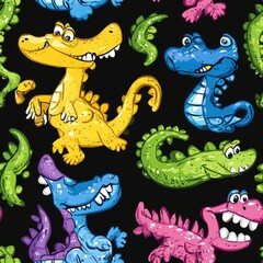 Poster - Colorful cartoon dinosaurs in various poses on a black background.