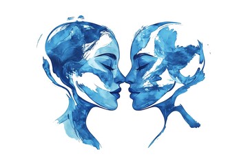 Wall Mural - ethereal gemini logo with abstract twin faces in blue on white background