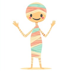 A friendly mummy waving with a smile, pastel colors, flat vector style, isolated on white background