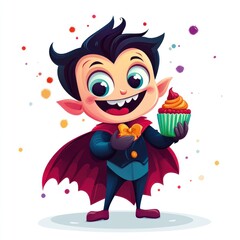 A cheerful vampire holding a cupcake, cute illustration, vibrant colors, isolated on white background