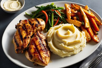 Wall Mural - Savory Grilled Chicken Plate with Creamy Mashed Potatoes and Vibrant Stir-Fried Vegetables